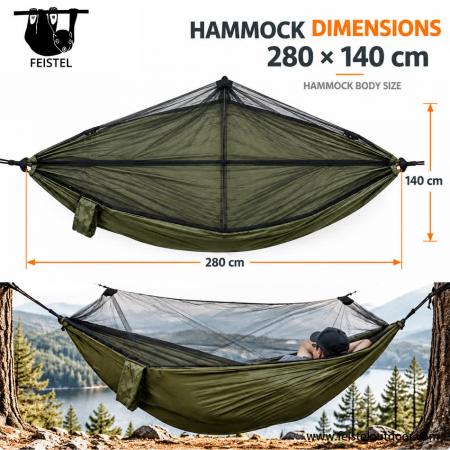Nylon Camping Mosquito Hammock – 280×140cm 210T Fabric, 780g, 200kg Capacity & Hanging Kit 