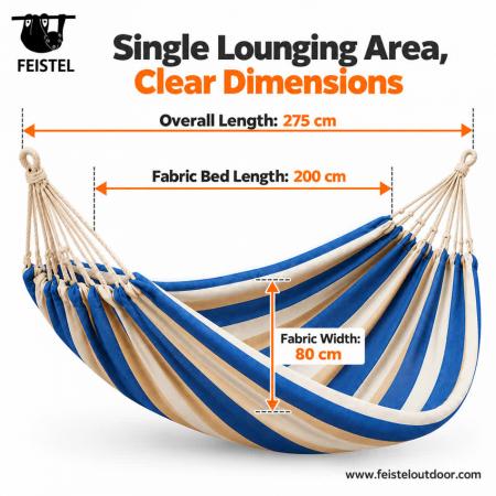 Portable Beach Hammock – 200×80cm Single Spreader Bar Hammock, 320gsm Cotton Blend, 100kg Capacity 