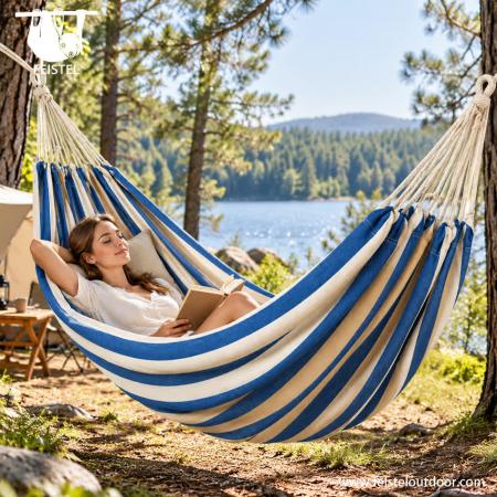 Portable Beach Hammock – 200×80cm Single Spreader Bar Hammock, 320gsm Cotton Blend, 100kg Capacity 
