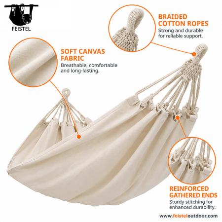 Cotton Hammock –Double Fabric Hammock with Braided Ropes, Carry Bag & Custom Colors 
