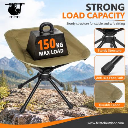 Heavy Duty Folding Camp Stool – 150kg Capacity Swivel Outdoor Foldable Stool with 7075 Aluminum Frame & 600D Polyester Mesh Seat 