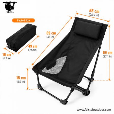 Low Seat High Back Camping Chair – Portable 7075 Aluminum Folding Lounge Chair with Headrest, 600D Polyester Mesh & 150kg Capacity 