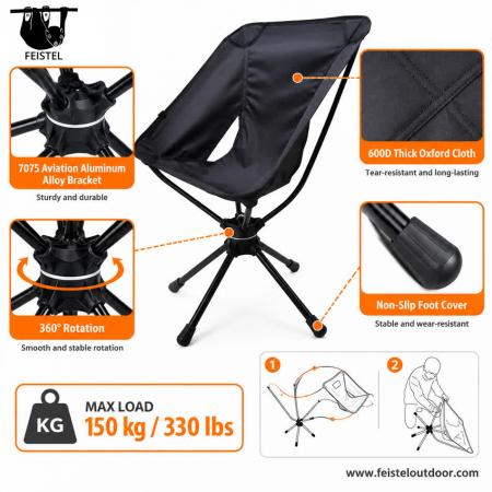 Black Camping Chair – Portable 360° Swivel Folding Outdoor Chair with 7075 Aluminum Frame, 600D Polyester Mesh & 150kg Capacity 