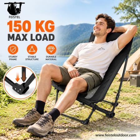 Low Seat High Back Camping Chair – Portable 7075 Aluminum Folding Lounge Chair with Headrest, 600D Polyester Mesh & 150kg Capacity 