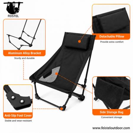 Low Seat High Back Camping Chair – Portable 7075 Aluminum Folding Lounge Chair with Headrest, 600D Polyester Mesh & 150kg Capacity 