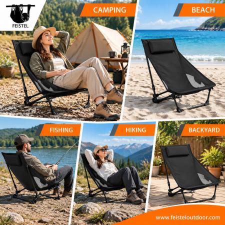 Low Seat High Back Camping Chair – Portable 7075 Aluminum Folding Lounge Chair with Headrest, 600D Polyester Mesh & 150kg Capacity 