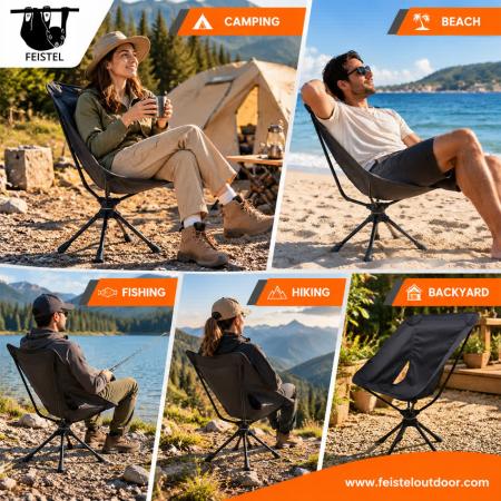 Black Camping Chair – Portable 360° Swivel Folding Outdoor Chair with 7075 Aluminum Frame, 600D Polyester Mesh & 150kg Capacity 
